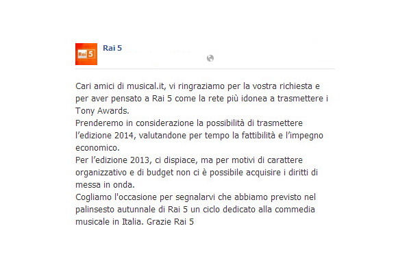 La risposta di RAI 5 alla "petizione" per i Tony Award